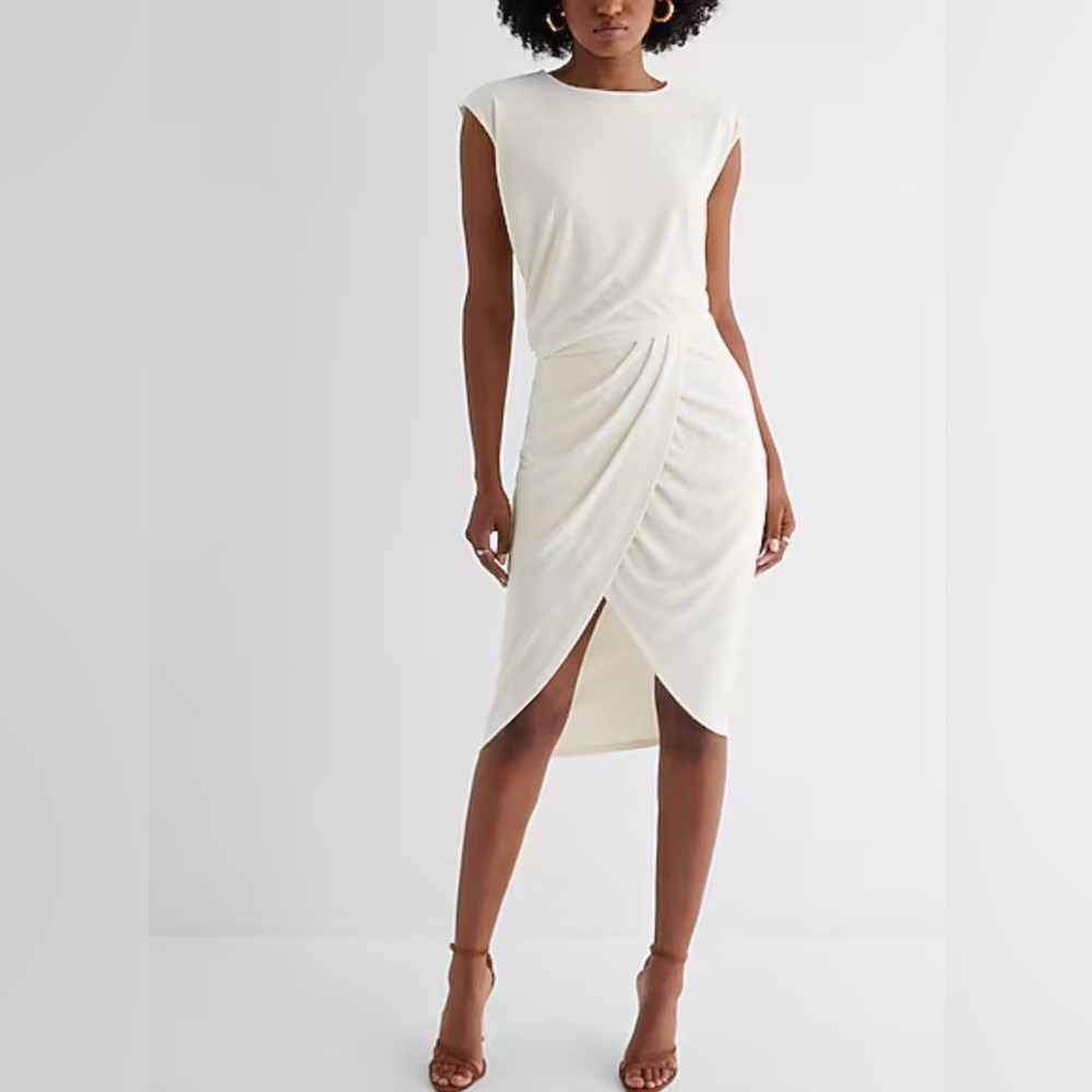 NWT Express Cream Sleeveless Ruched Wrap Midi Dress